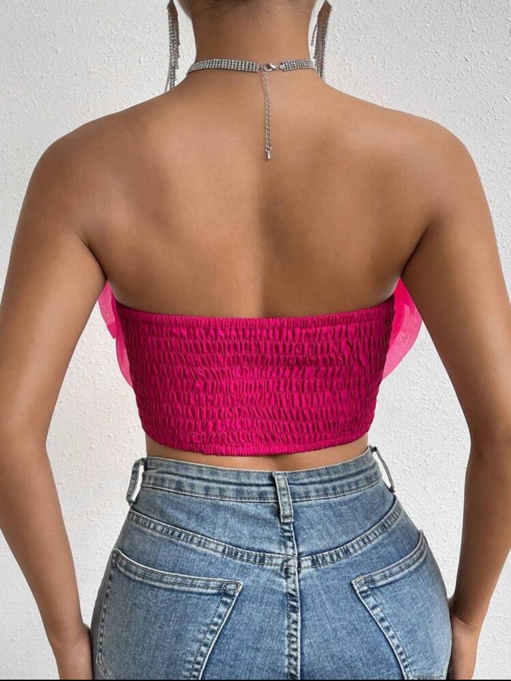 Strapless Fuchsia Ruffle Flower Crop Top - Picture 2 of 3